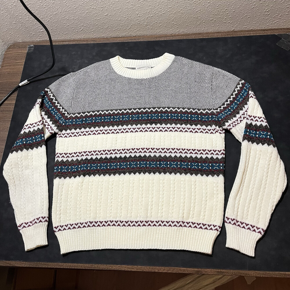 Vintage Fair Isle Cable Knit Mens Crew Neck Sweater Pullover